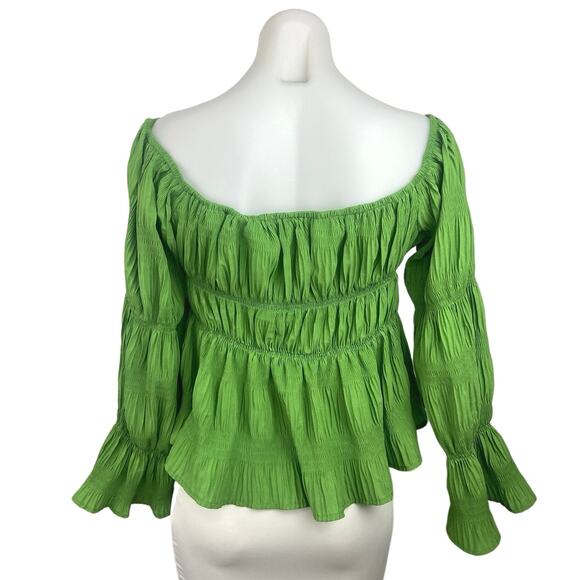 Green Pleated Lace Up Long Sleeve Ruffle Smocked Tiered Peasant Blouse Top L - Picture 2 of 3